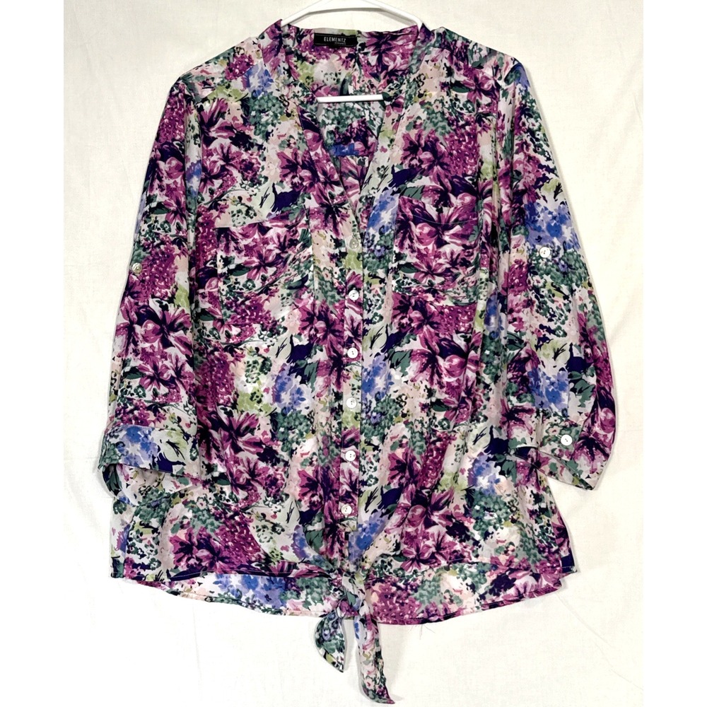 Elementz Top 1X Button Front 3/4 Sleeve + Rollup Colorful Pink/White/Blue Blouse